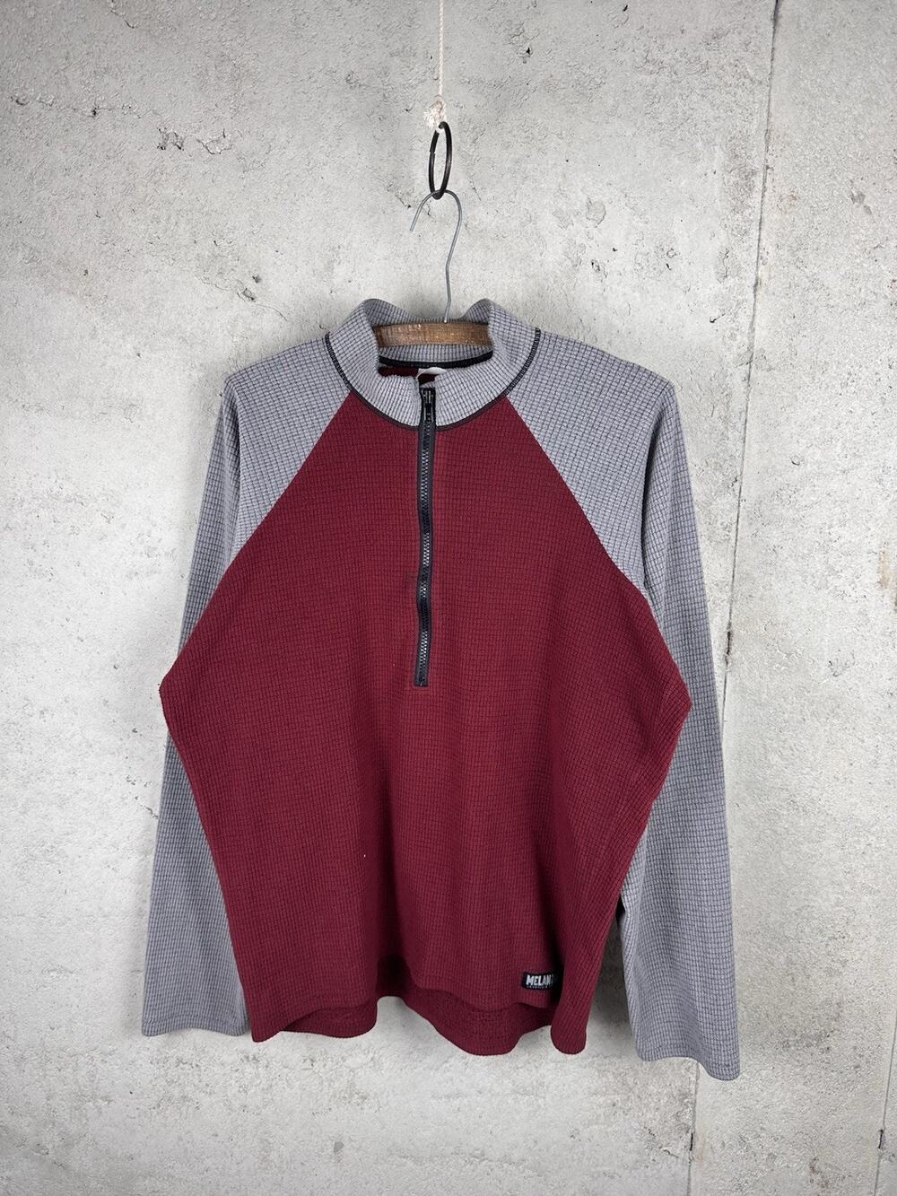 Melanzana Red & Gray Micro Grid Layering Fleece Pullover Quarter Zip Mens LARGE